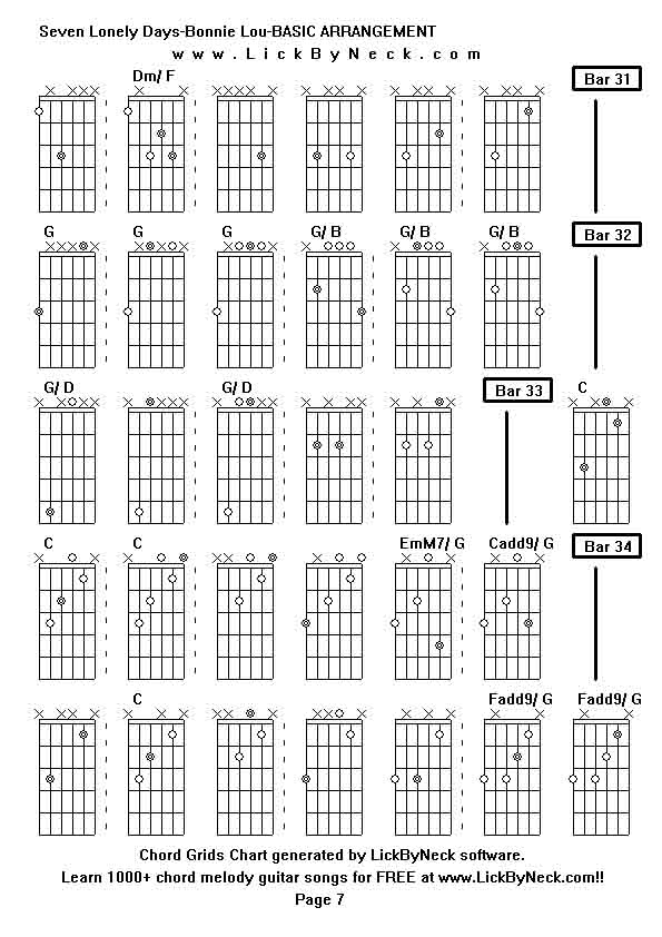 Chord Grids Chart of chord melody fingerstyle guitar song-Seven Lonely Days-Bonnie Lou-BASIC ARRANGEMENT,generated by LickByNeck software.